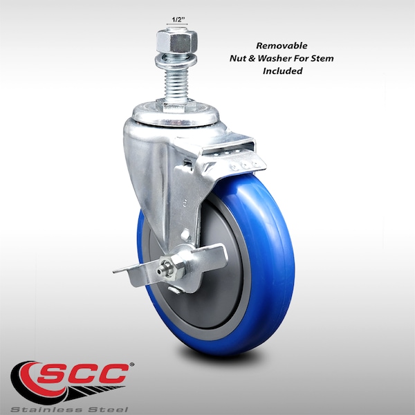 Service Caster 5 Inch SS Blue Polyurethane Wheel Swivel 1/2 Inch Threaded Stem Caster with Brake SCC-SSTS20S514-PPUB-BLUE-TLB-121315 - main